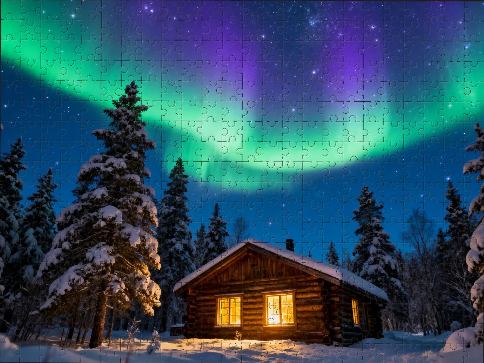 A finished puzzle of a cabin under the northern lights
