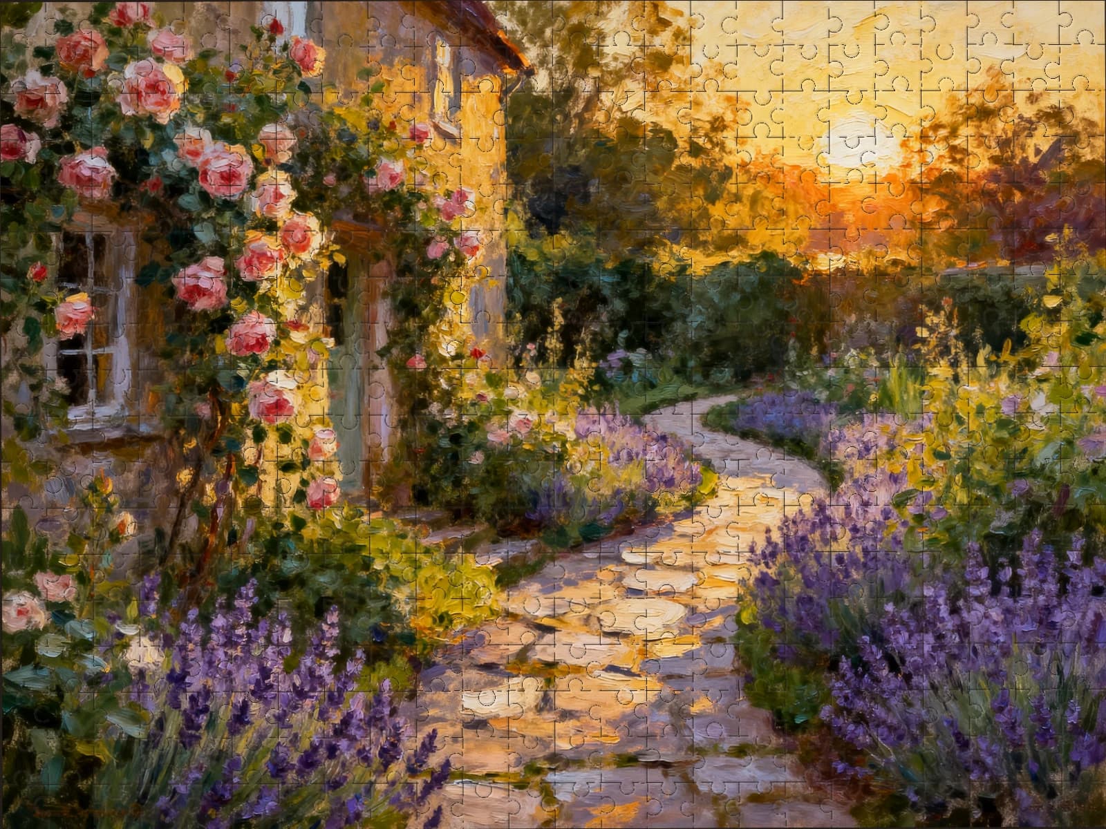 A finished puzzle of a cottage garden at golden hour