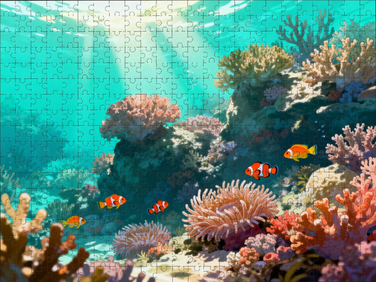 A finished puzzle of a coral reef in morning light