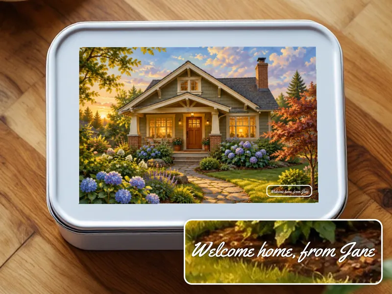 Example design: a puzzle of a house in a collector tin, lid reading Welcome home, from Jane. A close-up of the lid text is shown in the corner.