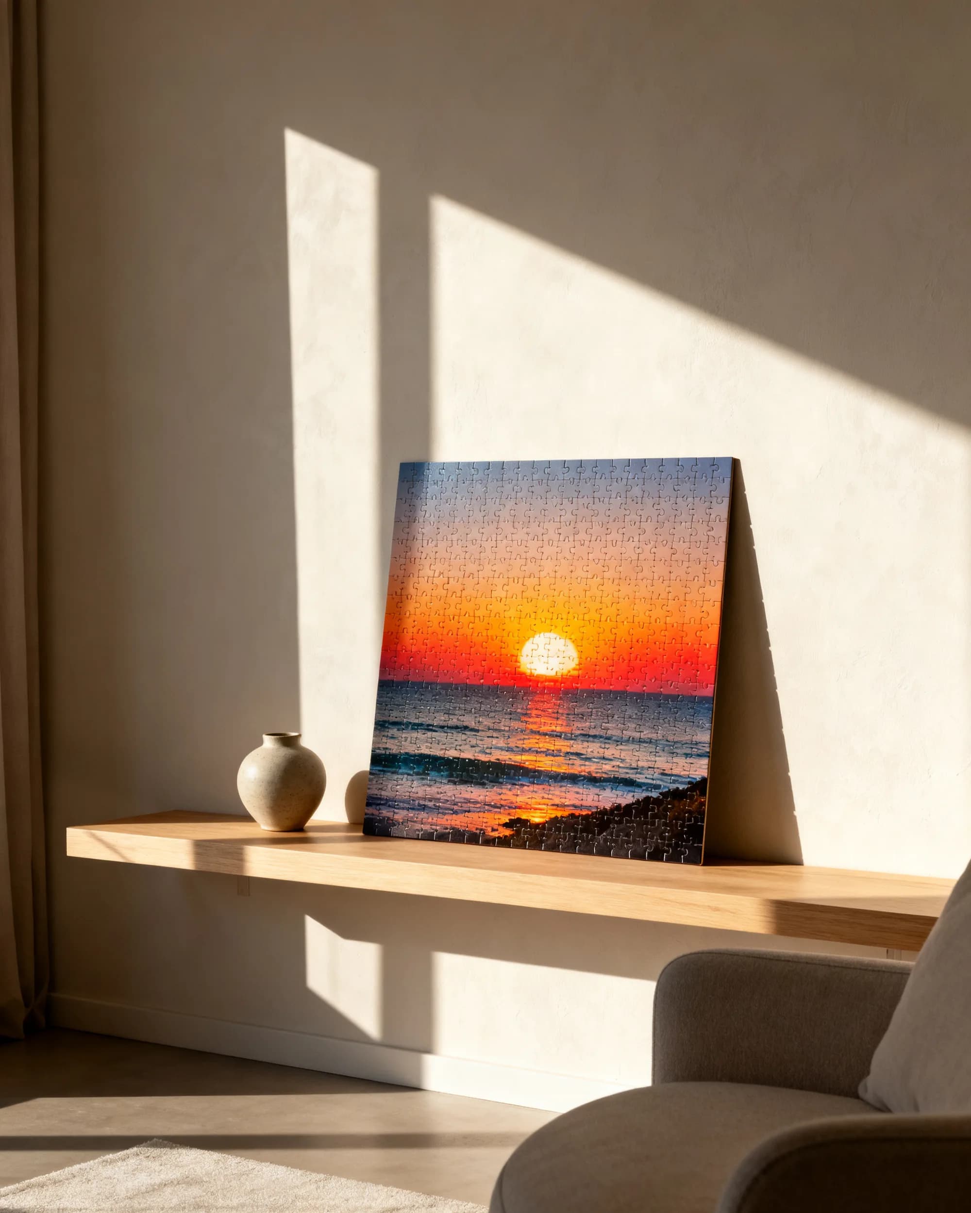 A finished photo puzzle of a sunset over the ocean, displayed upright on a shelf