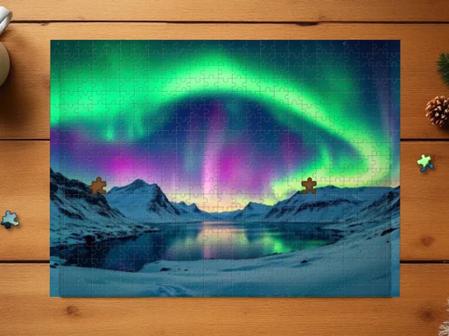 Assembled 500-piece puzzle of: Northern lights over a snowy fjord