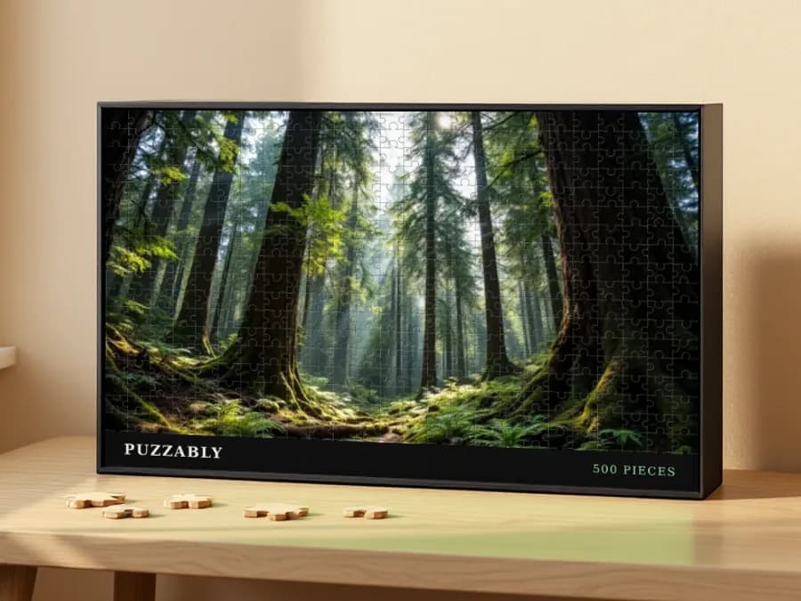 Matte black Puzzably puzzle box with the forest design printed on the front