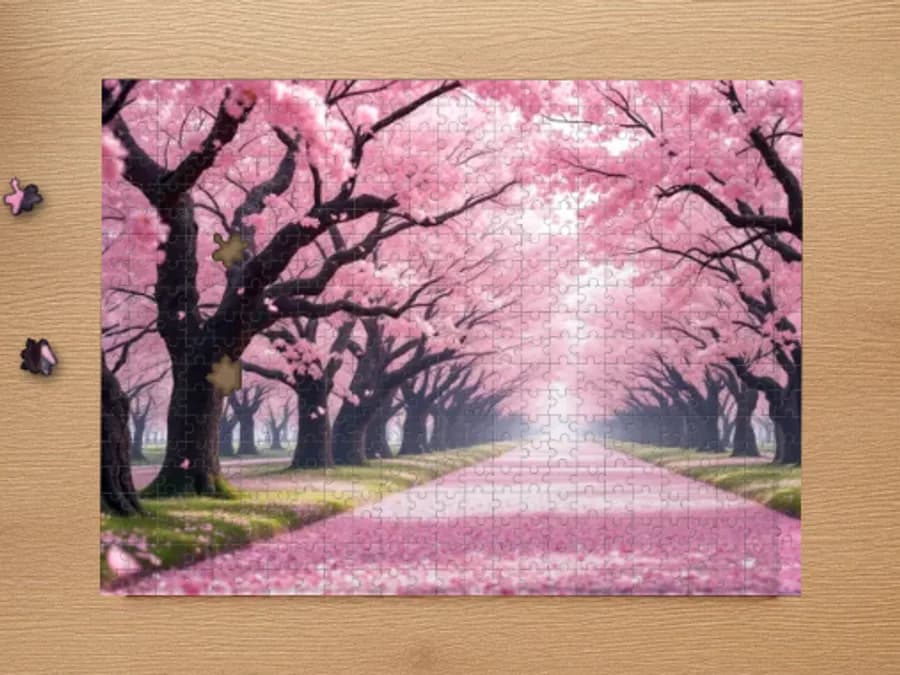 Assembled 500-piece puzzle of: Cherry blossoms drifting through spring air