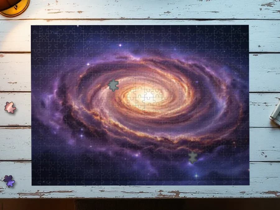 Assembled 500-piece puzzle of: A swirling galaxy in deep purple and gold
