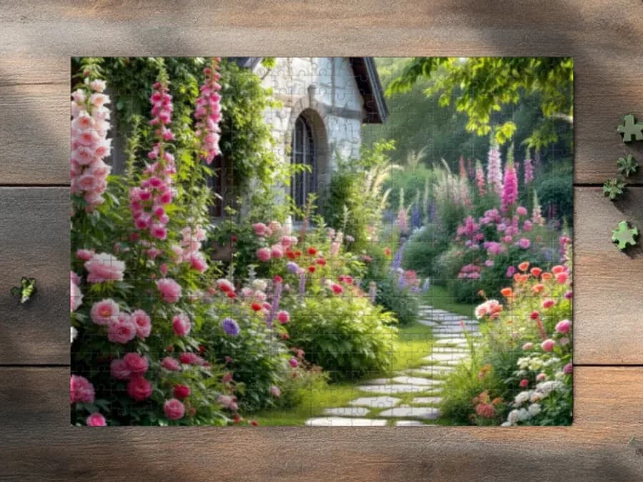 Assembled 500-piece puzzle of: An English cottage garden in full bloom