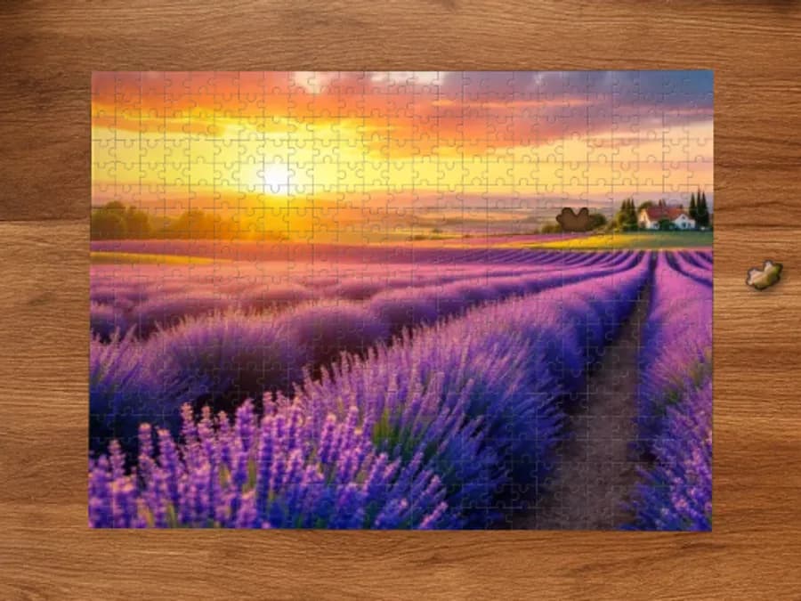 Assembled 500-piece puzzle of: Lavender fields in Provence at sunset