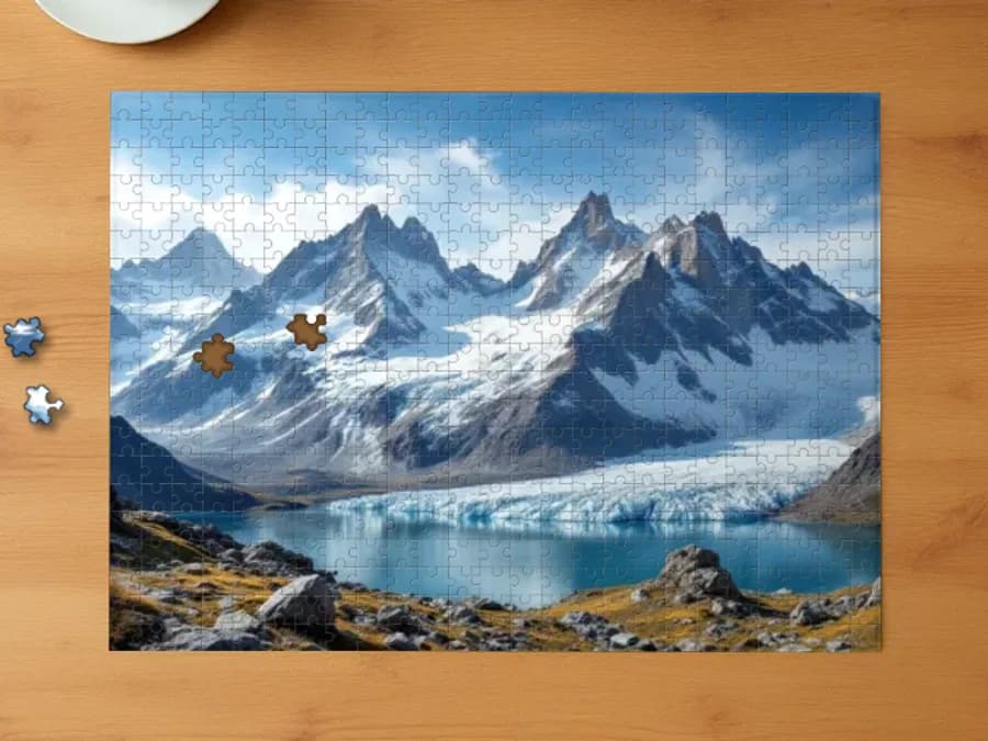 Assembled 500-piece puzzle of: Snow-capped peaks above a glacial lake