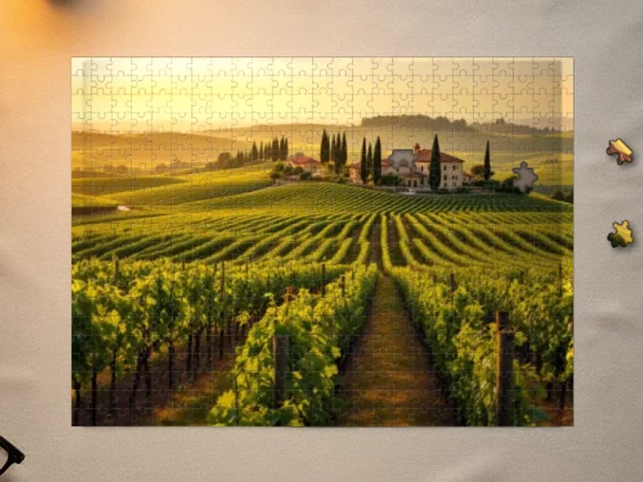 Assembled 500-piece puzzle of: Tuscany vineyards in late afternoon light